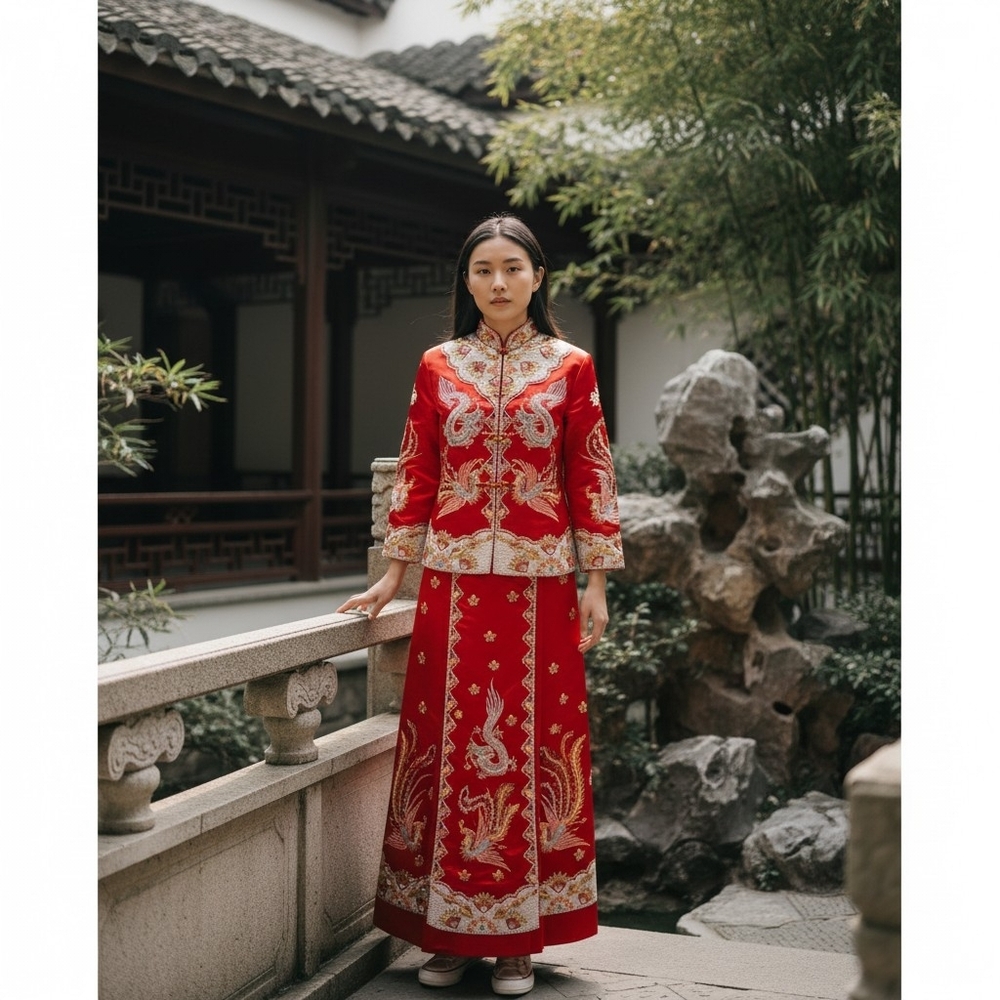 Vintage Red Satin & Pearl Beaded Qun Kwa Dress
